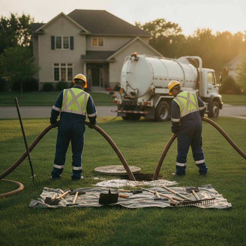 Create a realistic, professional service-business photograph showing Septic Tank Cleaning from behind, with the backs of their heads visible. Do not show any faces, facial features, front-facing views or side views, profiles, or identifiabl