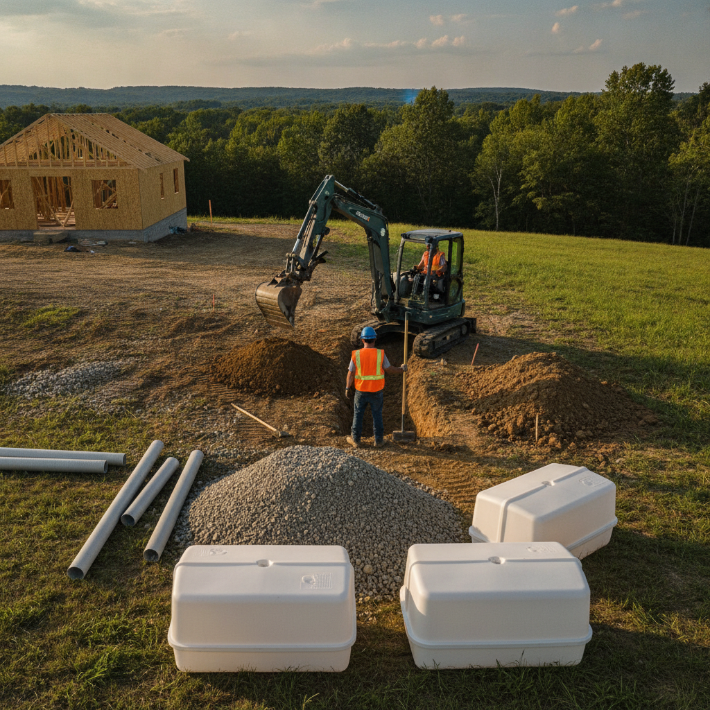 Create a realistic, professional service-business photograph showing Septic Installation from behind, with the backs of their heads visible. Do not show any faces, facial features, front-facing views or side views, profiles, or identifiable