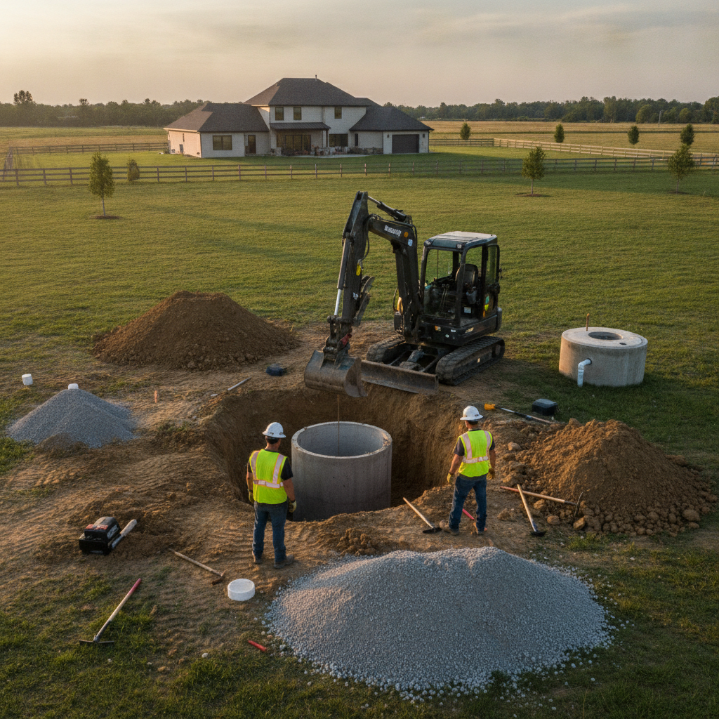Create a realistic, professional service-business photograph showing Septic Replacement from behind, with the backs of their heads visible. Do not show any faces, facial features, front-facing views or side views, profiles, or identifiable 