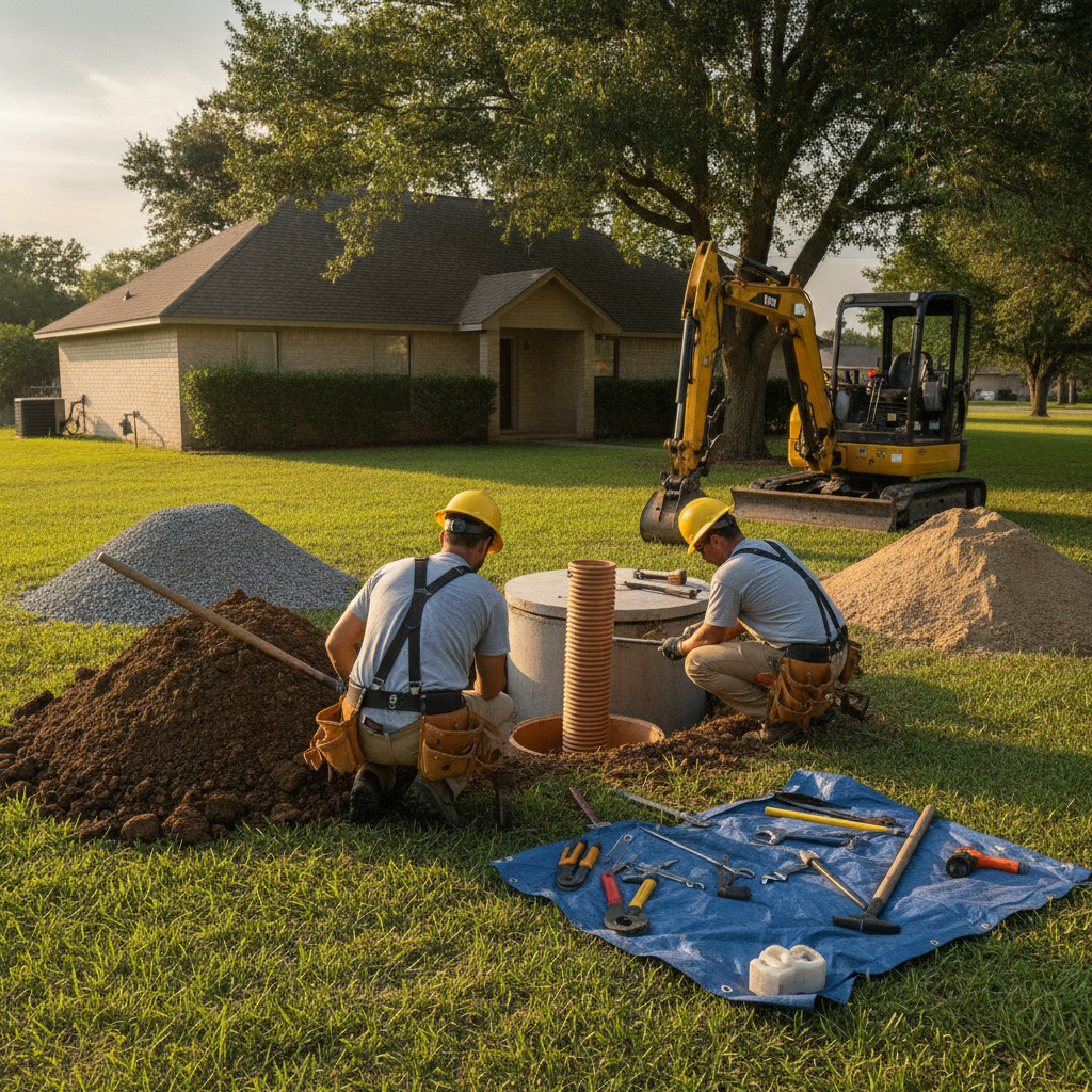 Create a realistic, professional service-business photograph showing Septic Repair from behind, with the backs of their heads visible. Do not show any faces, facial features, front-facing views or side views, profiles, or identifiable peopl