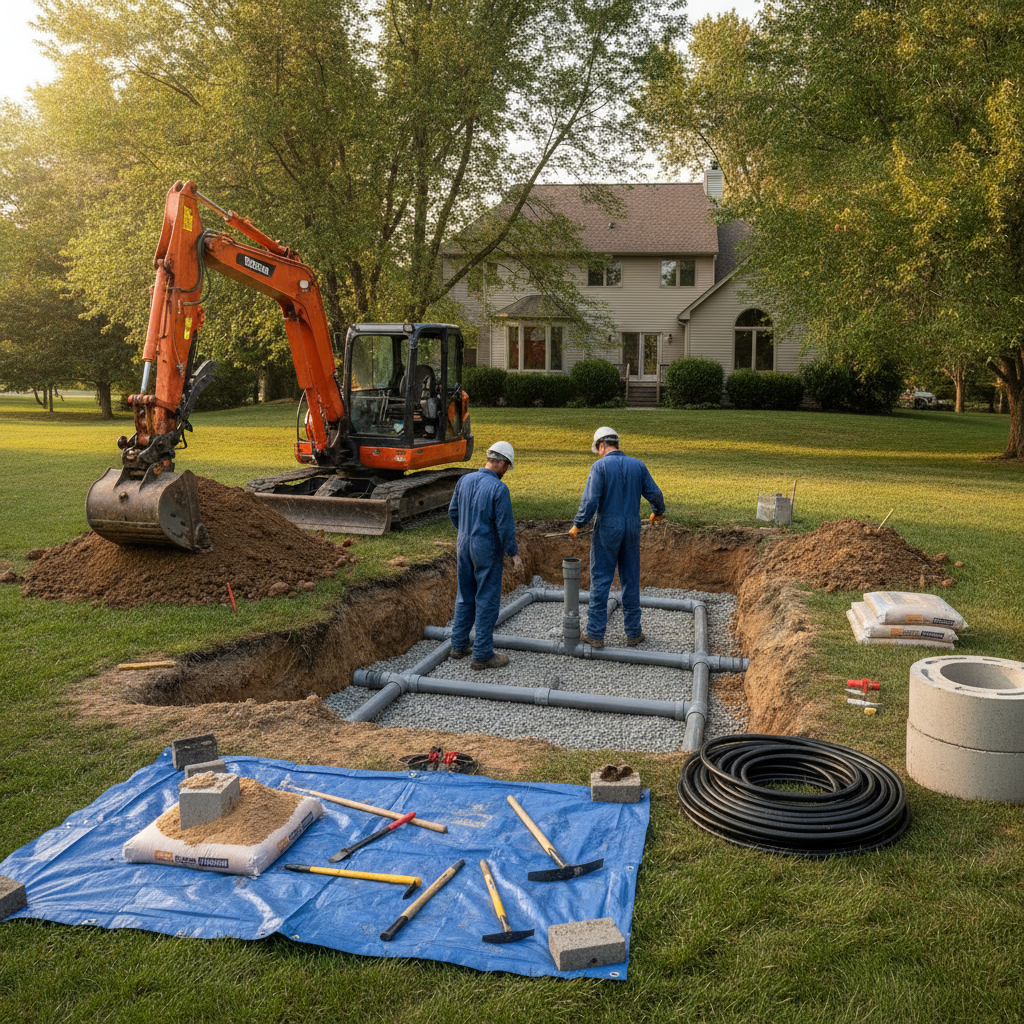 Create a realistic, professional service-business photograph showing Septic Repair from behind, with the backs of their heads visible. Do not show any faces, facial features, front-facing views or side views, profiles, or identifiable peopl