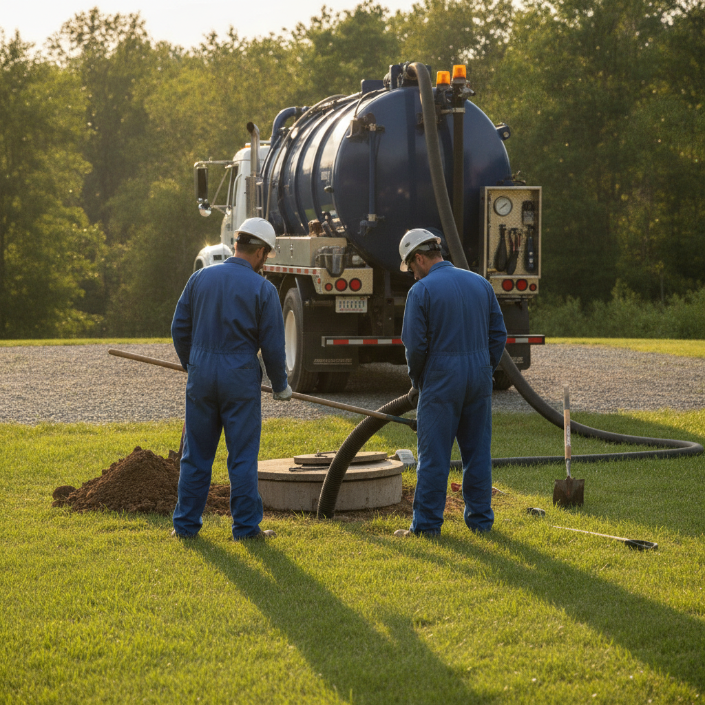 Create a realistic, professional service-business photograph showing Septic Tank Pumping from behind, with the backs of their heads visible. Do not show any faces, facial features, front-facing views or side views, profiles, or identifiable